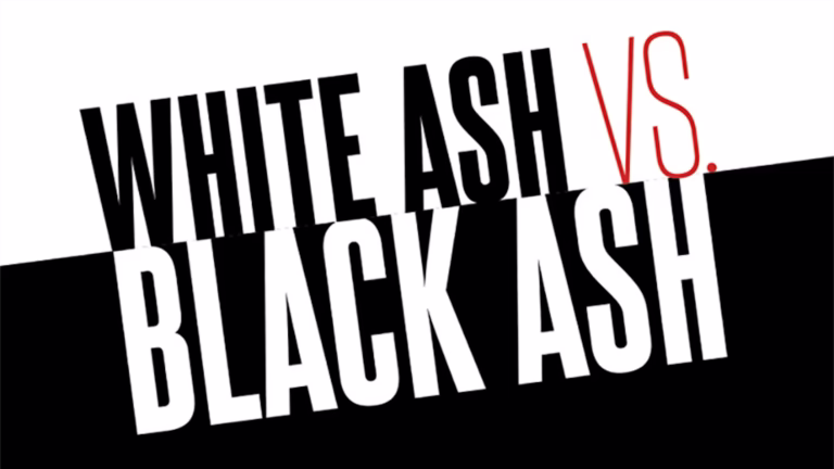 Cannabis ash comparison showing white ash versus black ash in smoking bowl with scientific temperature measurements overlay