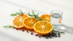 Fresh citrus, rosemary, pine needles, eucalyptus leaves and peppercorns arranged in bright natural light, representing energising and uplifting terpenes.