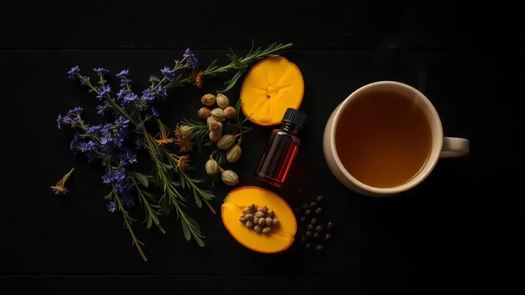 Lavender, chamomile, rosemary, hops, mango and peppercorns arranged around an amber dropper bottle and a cup of herbal tea on a dark surface at night.
