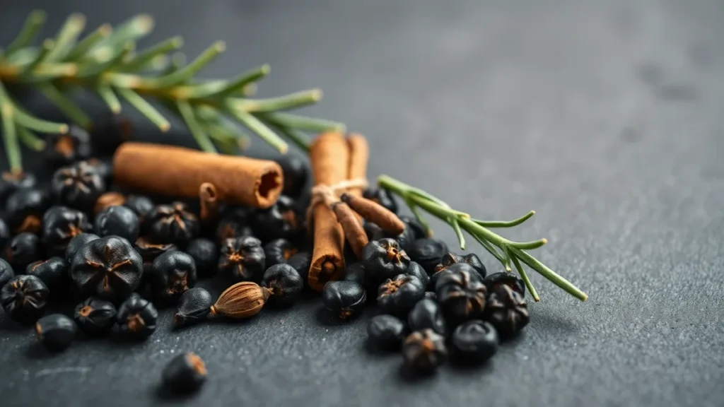 Black peppercorns, cloves, a cinnamon stick and rosemary on dark slate, the natural sources of the beta-caryophyllene terpene.