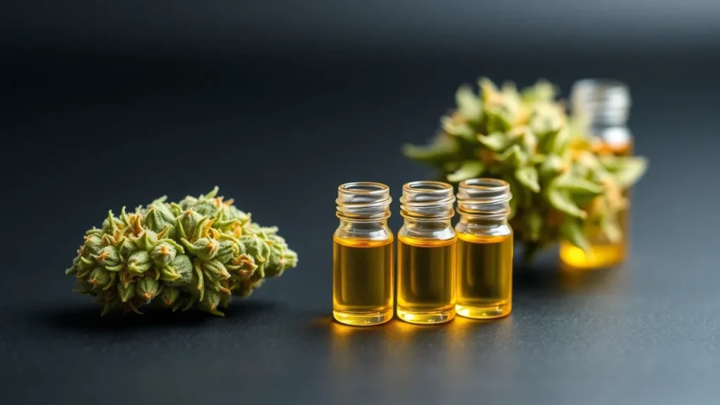 Cannabis flower beside small glass vials of amber terpene oil on a dark surface, illustrating cannabinoid and terpene synergy.