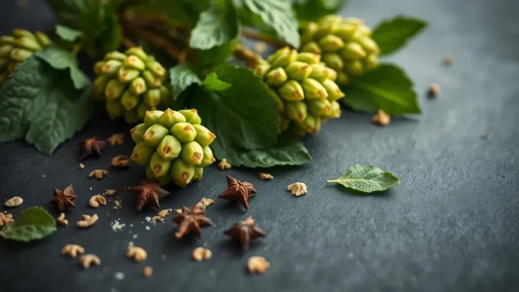 Fresh hop cones, basil leaves, cloves and sage on dark slate, representing natural sources of the humulene terpene.