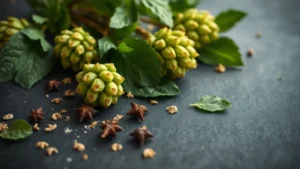 Fresh hop cones, basil leaves, cloves and sage on dark slate, representing natural sources of the humulene terpene.