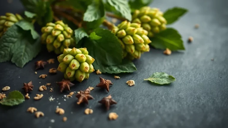 Fresh hop cones, basil leaves, cloves and sage on dark slate, representing natural sources of the humulene terpene.