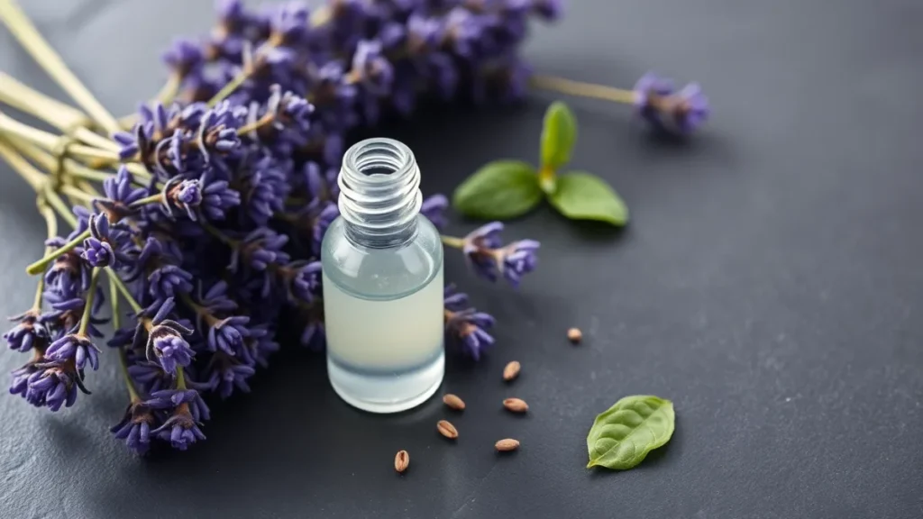 Fresh lavender sprigs beside a glass dropper bottle of essential oil with coriander seeds and a basil leaf on dark slate, representing the linalool terpene.