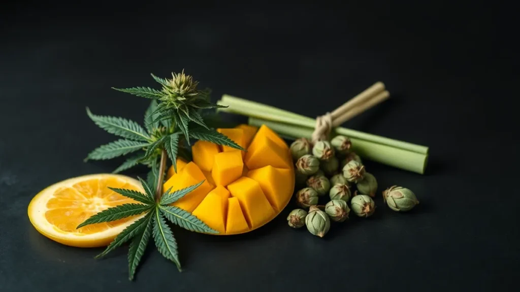 Cannabis flower arranged with sliced mango, lemongrass and hop cones on a dark surface, illustrating natural sources of the terpene myrcene.