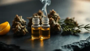 Cannabis buds and vials of golden terpene oil on dark slate with faint vapor rising, lit warmly