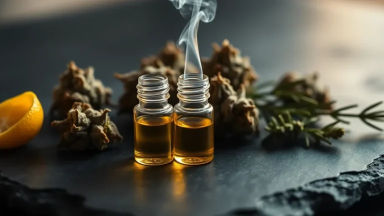 Cannabis buds and vials of golden terpene oil on dark slate with faint vapor rising, lit warmly