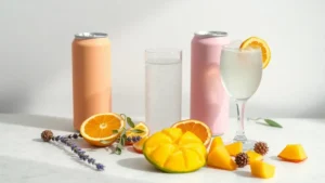 Pastel canned functional drinks and a glass of sparkling beverage surrounded by citrus, lavender, hops and mango, illustrating terpene-infused drinks.