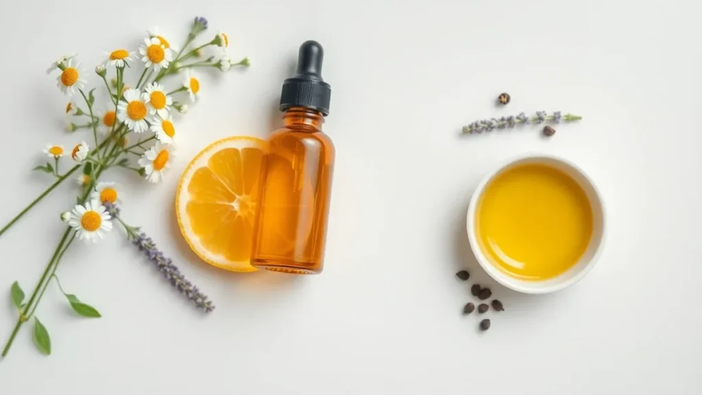 Natural skincare ingredients including a serum dropper bottle, chamomile flowers, lemon, lavender and peppercorns arranged on a pale surface to illustrate terpenes used in cosmetics.