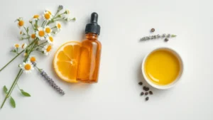 Natural skincare ingredients including a serum dropper bottle, chamomile flowers, lemon, lavender and peppercorns arranged on a pale surface to illustrate terpenes used in cosmetics.
