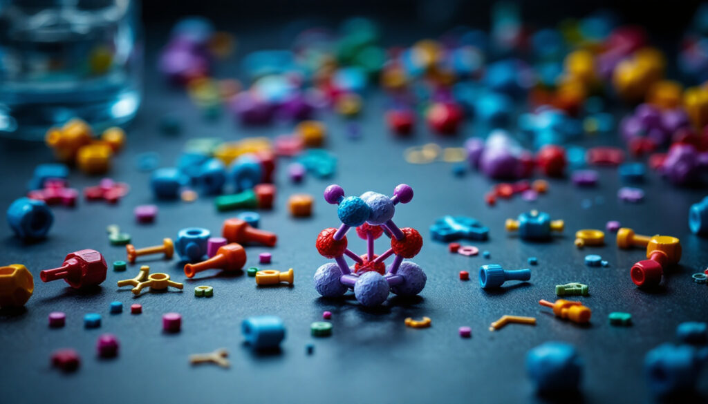 Molecular model kit pieces scattered on a dark laboratory bench
