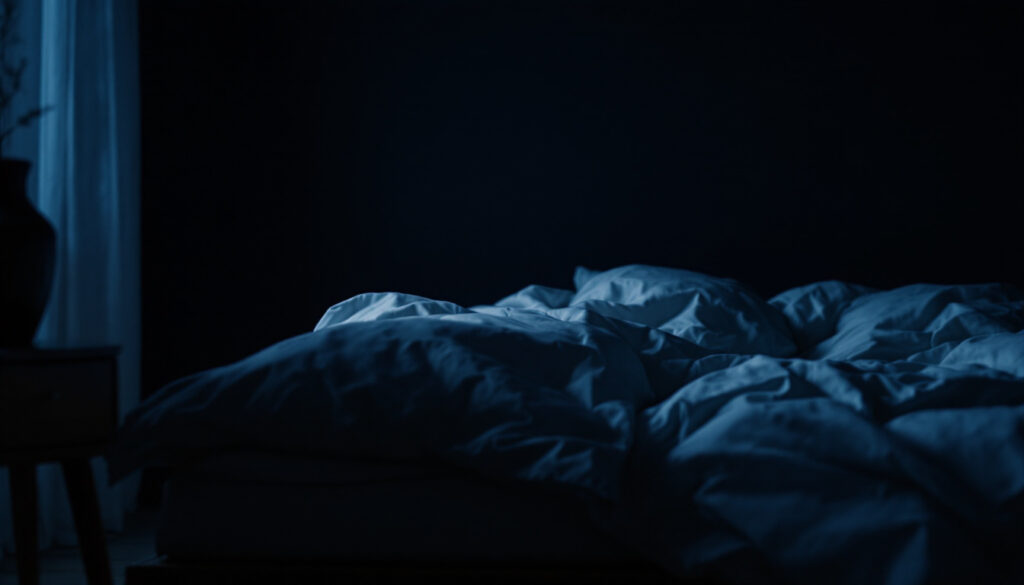Dark bedroom at night with soft light falling across an empty bed and side table