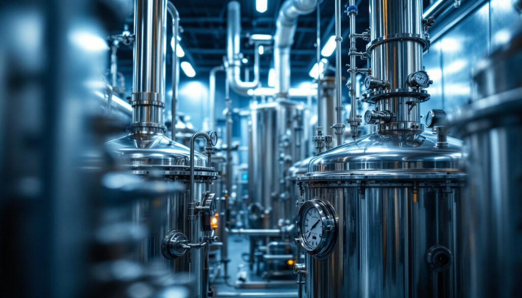 Industrial stainless steel extraction equipment in a production facility under cool light