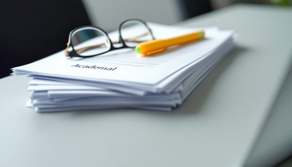 Printed academic papers with a highlighter and reading glasses on a desk