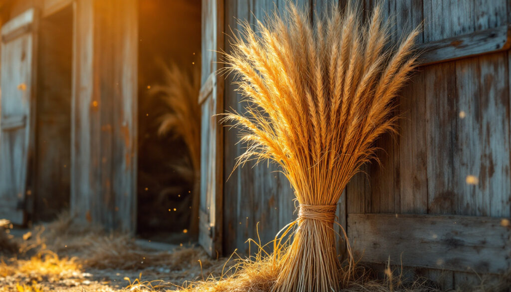 Tall hemp fibre stalks drying in a barn with sunlight through open doors