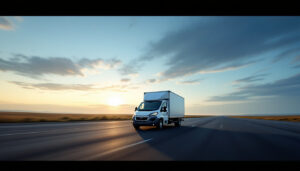 Delivery van on an open highway at dusk with long shadows
