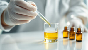 Formulator measuring pale golden oil with a glass pipette into a beaker on a clean bench