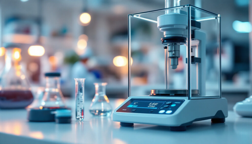 Analytical balance, glass beaker and pipette on a clean laboratory bench