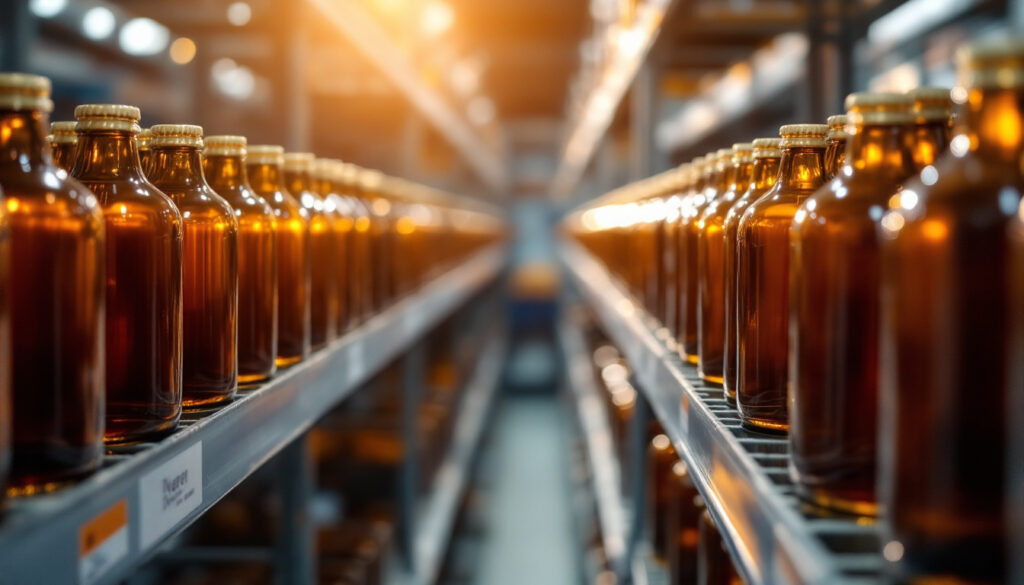 Rows of sealed amber bottles on a warehouse shelf under even lighting