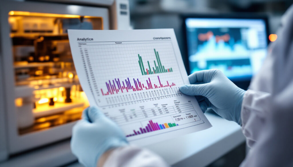 Laboratory analyst reviewing a printed chromatogram beside analytical instrumentation
