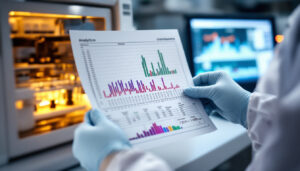 Laboratory analyst reviewing a printed chromatogram beside analytical instrumentation