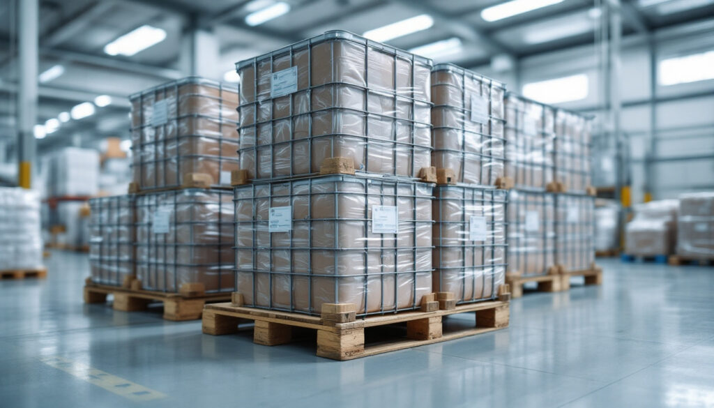Stacked sealed bulk containers on a pallet in a clean warehouse under even light