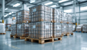 Stacked sealed bulk containers on a pallet in a clean warehouse under even light